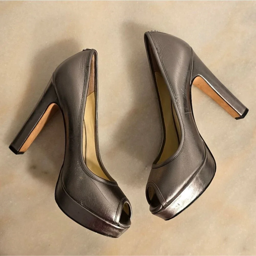 COACH Breana leather peep toe platform heels in pewter metallic 7.5